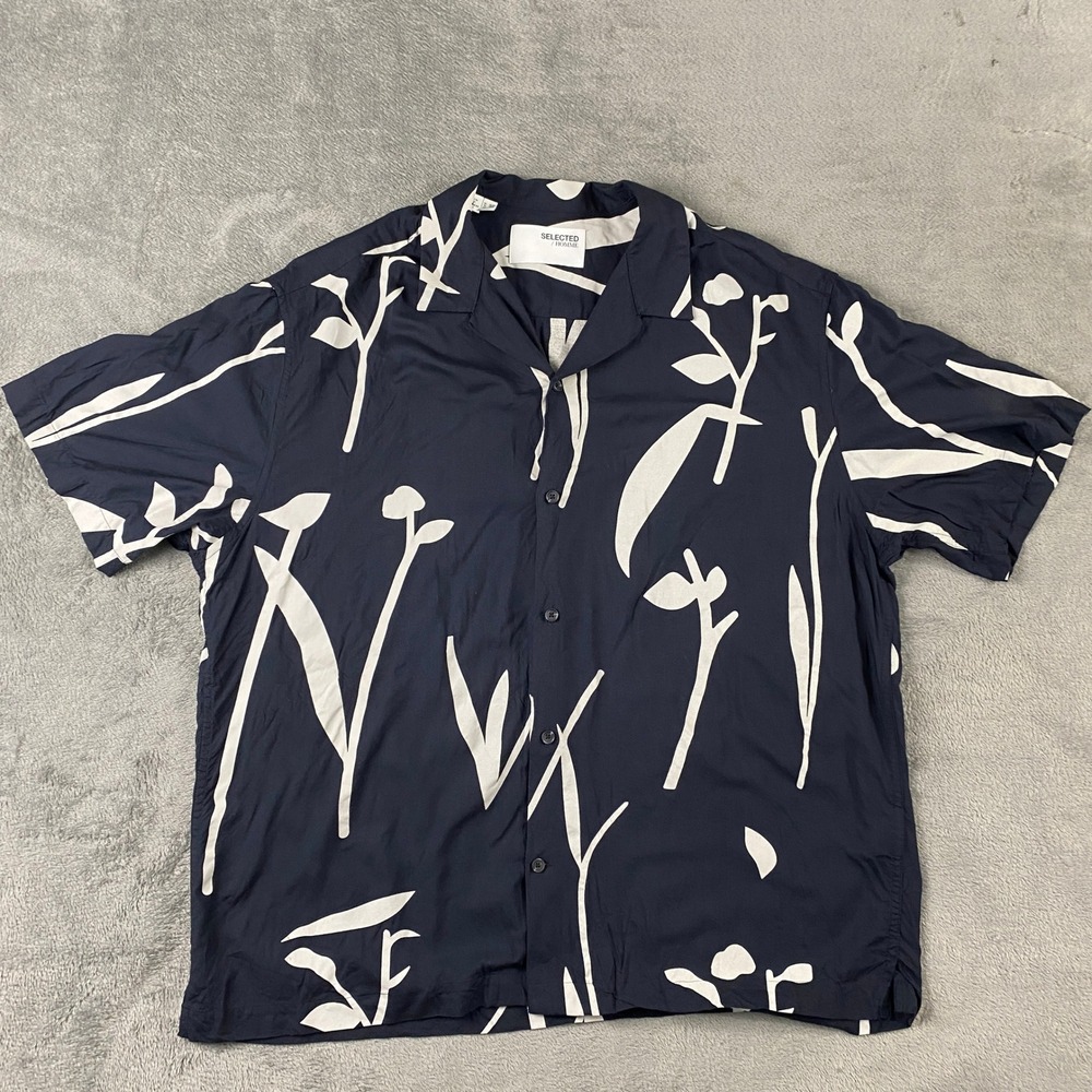 Selected Homme Shirt Men XL Navy Blue Floral Camp Collar Short Sleeve Resort Art